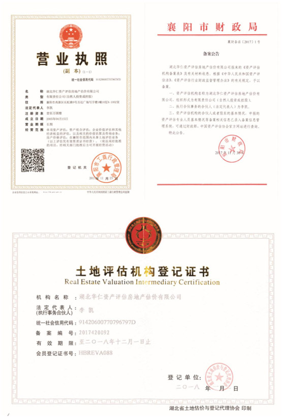 華仁資產(chǎn)評估房地產(chǎn)估價有限公司營業(yè)執(zhí)照、資產(chǎn)評估備案公告、土地評估機構(gòu)登記證書.jpg